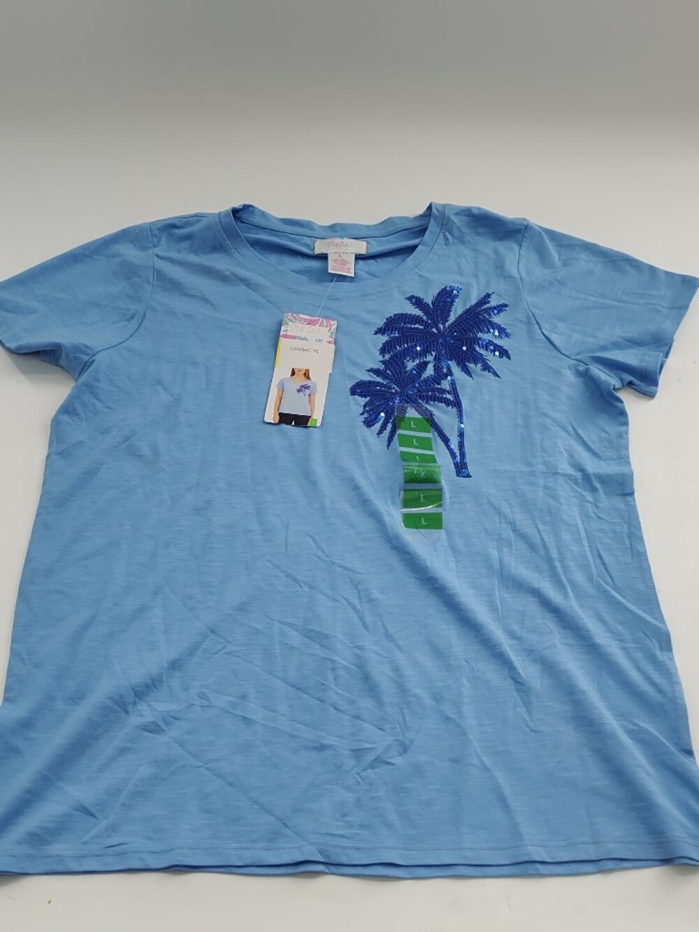 Stella Parker Women's Graphic Tee Palm Trees/Sequins Blue Size Large   P#629@CMK